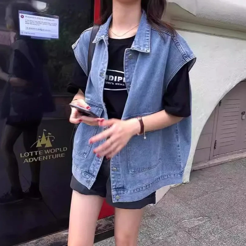 

Denim Vest Jacket Women Waistcoat Sleeveless Vintage Single Breasted Turn Down Collar Coats Washed Distressed Summer Coat 2025