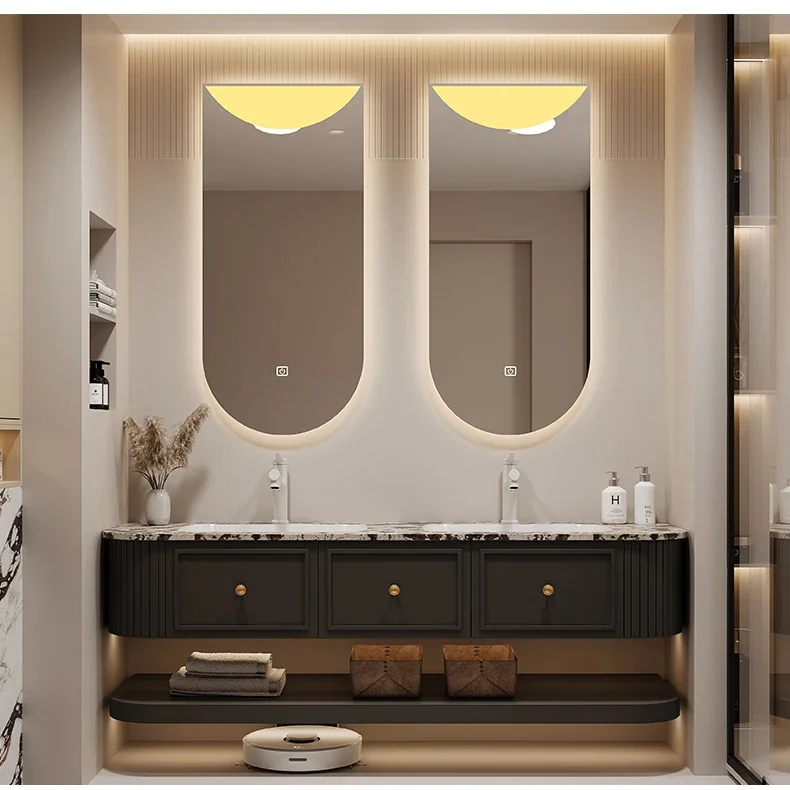 Комбинированный шкаф для ванной комнаты во французском кремовом стиле с двойной раковиной, роскошный каменный светильник, роскошный встроенный умывальник