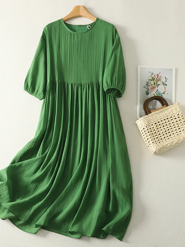 

Artistic round Neck Midi Dress Women's plus Size New Chinese Style High Waist A-Line Skirt Breathable Comfortable Summer Dress
