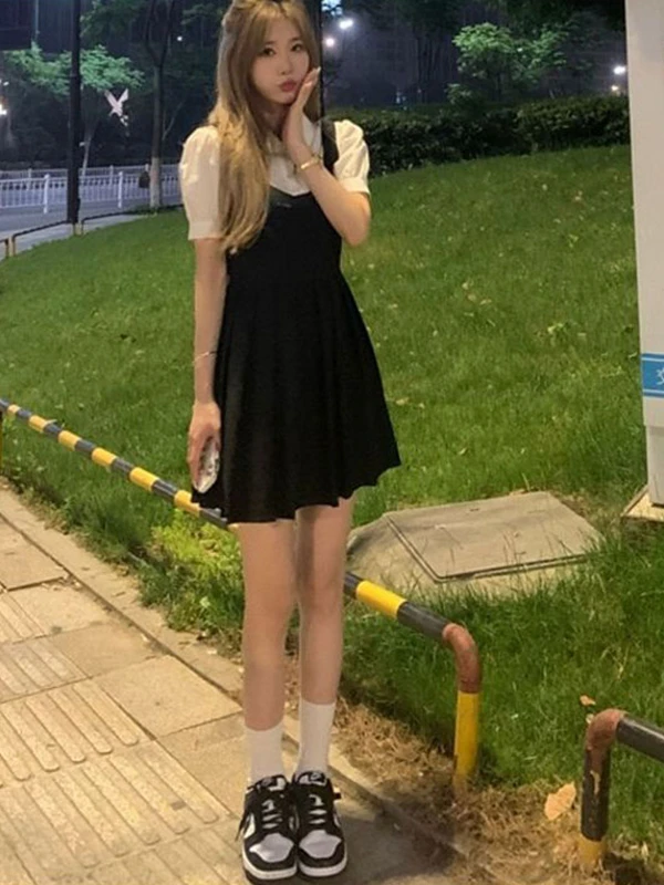 

Bla ter Dr Set College Sle Women's Summer Faion Two-Piece Suit ort Sve Collar Polyester Fabric