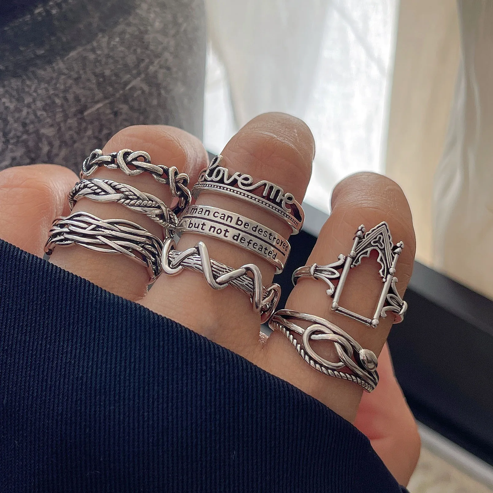 925 Sterling Silver Rings For Women Geometric Fine Jewelry Finger Adjustable Simple Retro Letters Ring For Party Birthday Gift