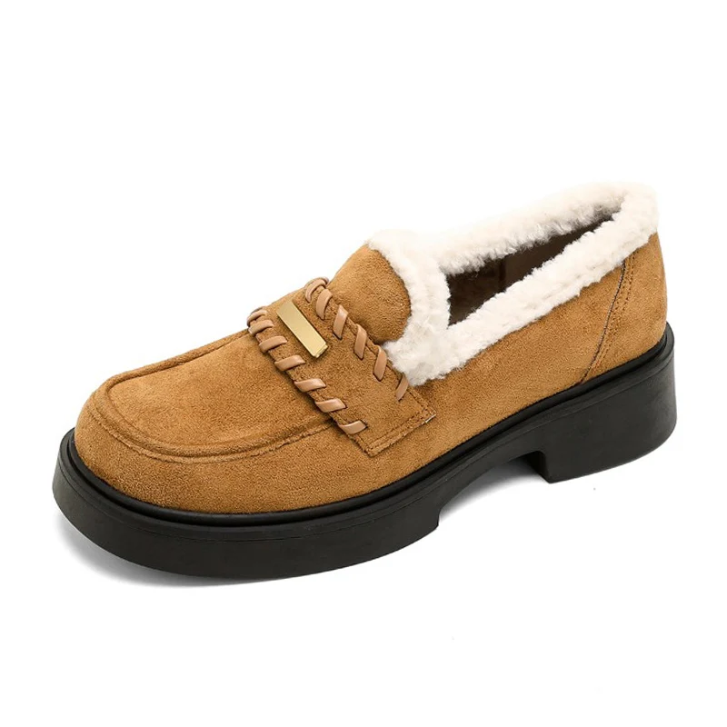 Winter Fur Shoes Women Loafers Warm Plush Non-slip Fashion Brand Ladies Shoes Square Heels 4cm Yellow Plus Size 42 D762
