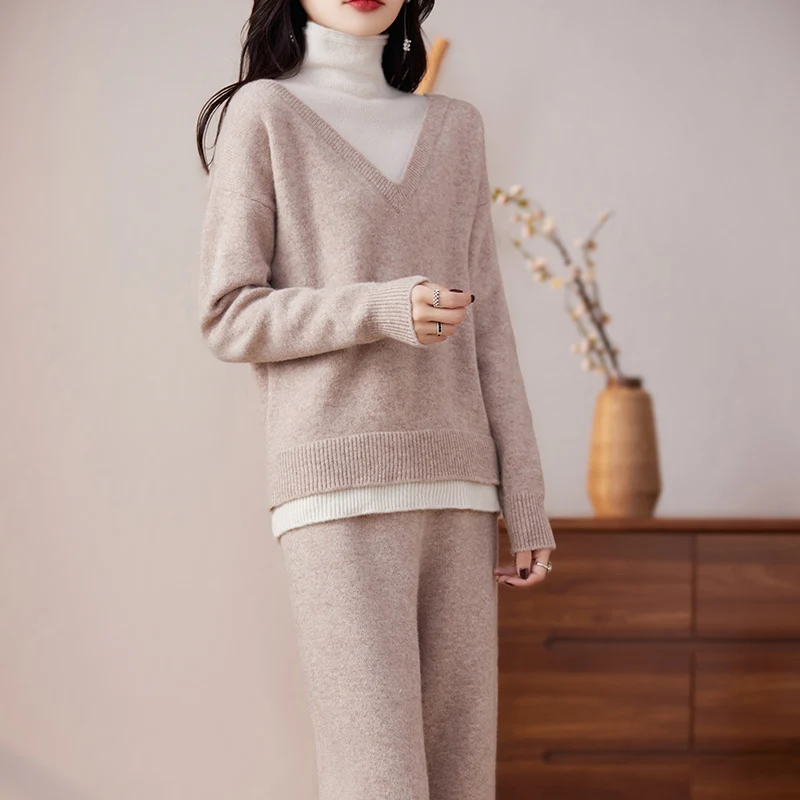 Autumn Winter 100% Merino Wool  Woolen Trousers Turtleneck Sweater Suit Soft Long Sleeve Fashion Casual Solid Color Clothes