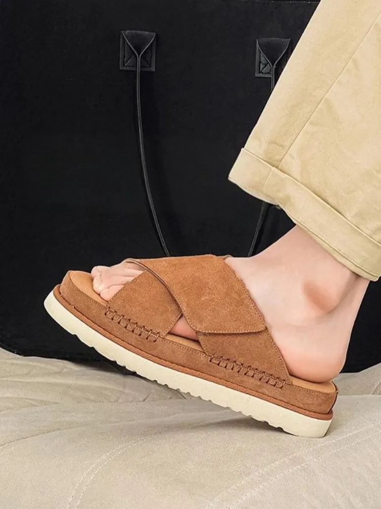 Leisure Male Summer Wearing Outside Platform Height Increase Footwear Fashion Open Toe Slip On Breathable Solid Color Slippers