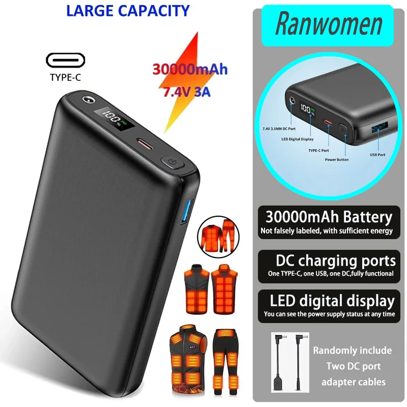 PowerBank DC Charge Port 30000mAh Portable LED Display USB-C Fast Charge 7.4V Interfaces Light Weight For Phone Heating Clothing