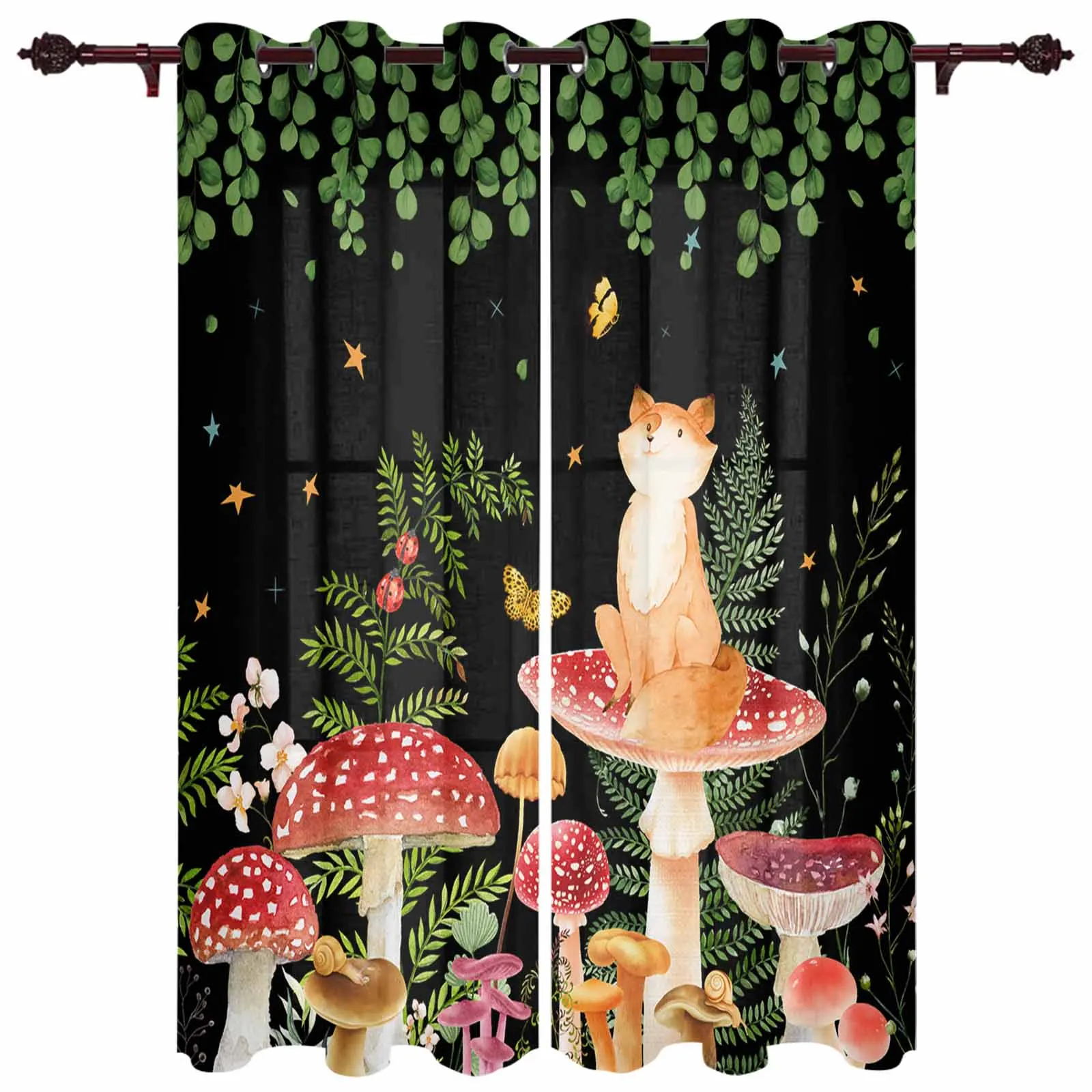 Mushroom Plants Ladybugs Foxes Leaves Black Living Room Curtains Modern Home Decor Kitchen Drapes Bedroom Window Curtains