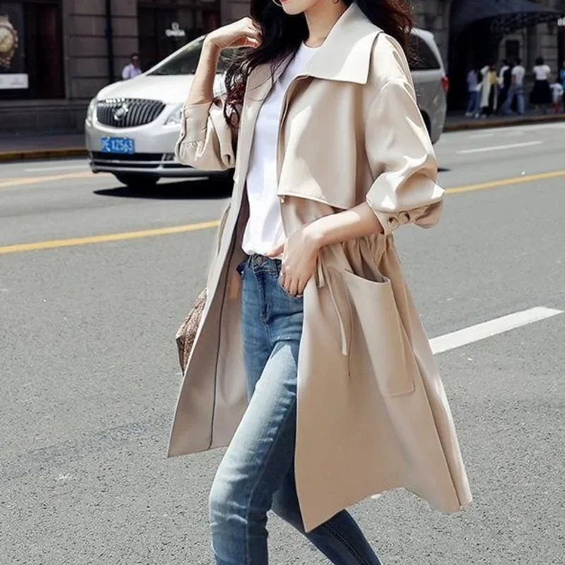 

Women Trench Long Coat 2023 Autumn New Solid Color Fashion Casual Ladies Windbreaker Korean British Style Trench Coats Outerwear