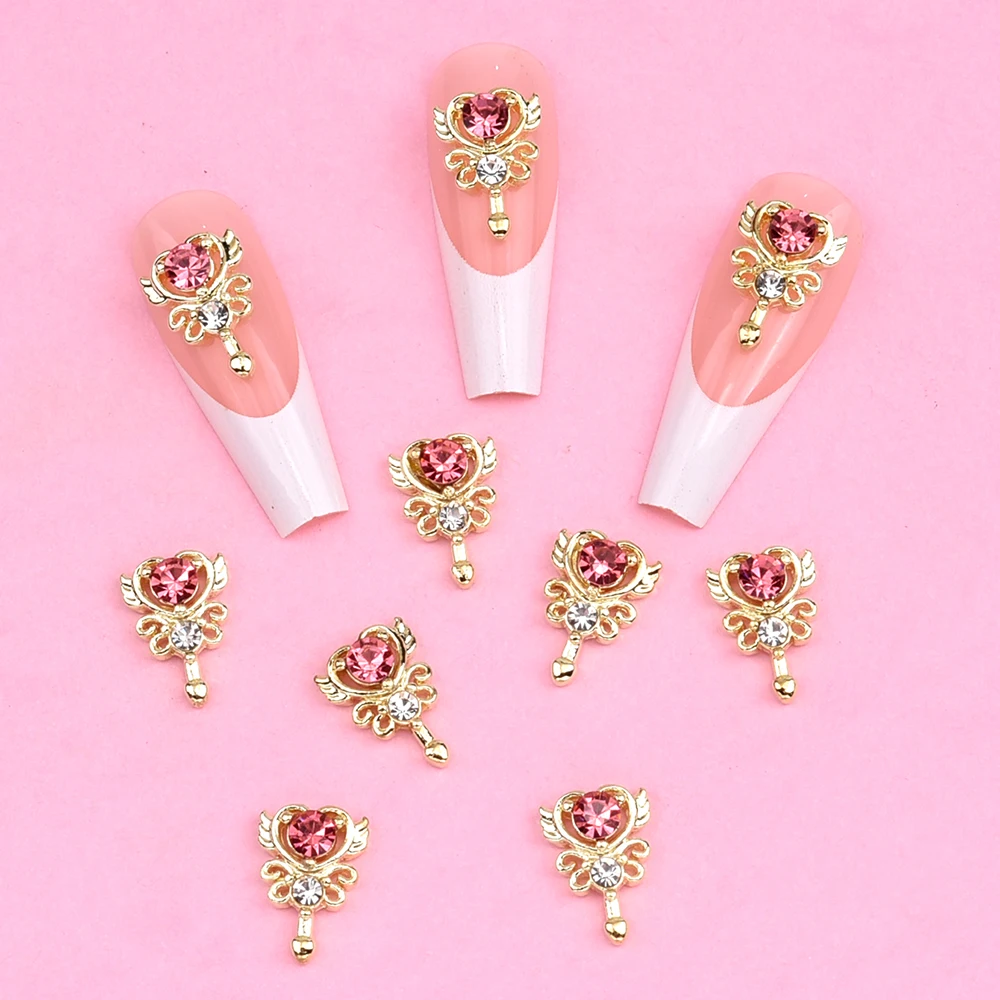 10pcs Rhinestone Decor Magic Wand Design Nail Art Decoration Charms Gold Metal Nail Jewelry  Manicure Accessories Supply