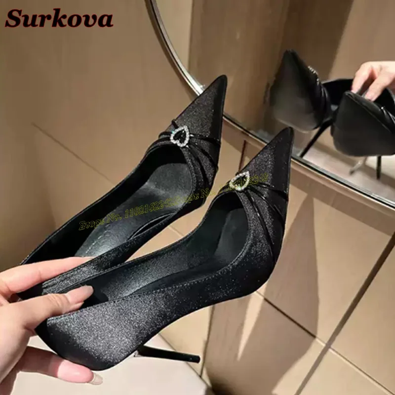 Black Rhinestone Heart Buckle Pumps Pointed Stiletto Shallow Satin High Heels Fashionable Banquet Dress Women\'S Shoes 2024 New