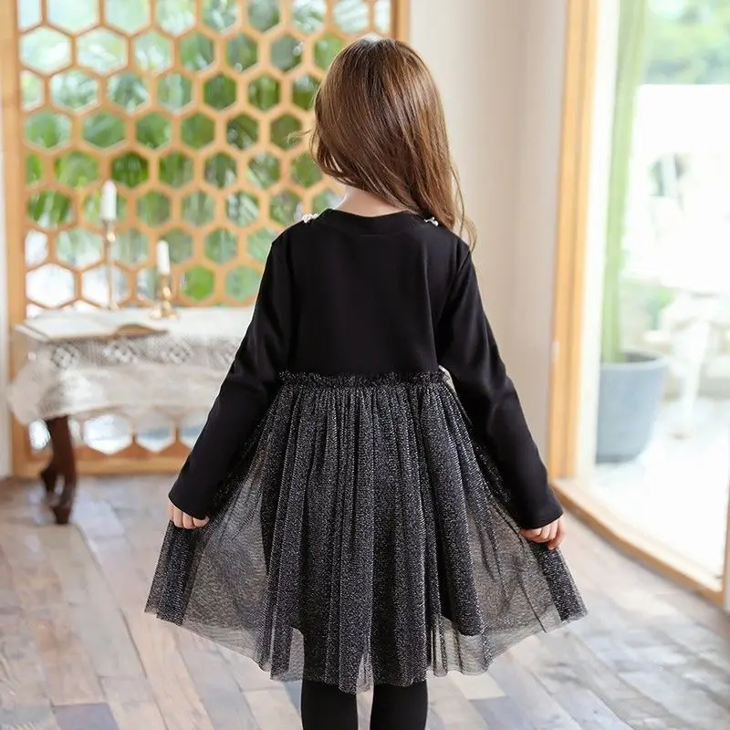 

Girls' Dress Autumn Winter New Style Elegant Princess Dress Tulle Dress Little Black Dress Thickened Winter Dress
