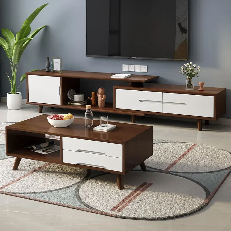 Nordic Contemporary Simple Solid Wood TV Cabinet Coffee Table Set Multi-Functional Telescopic Stand Storage Custom Color Small