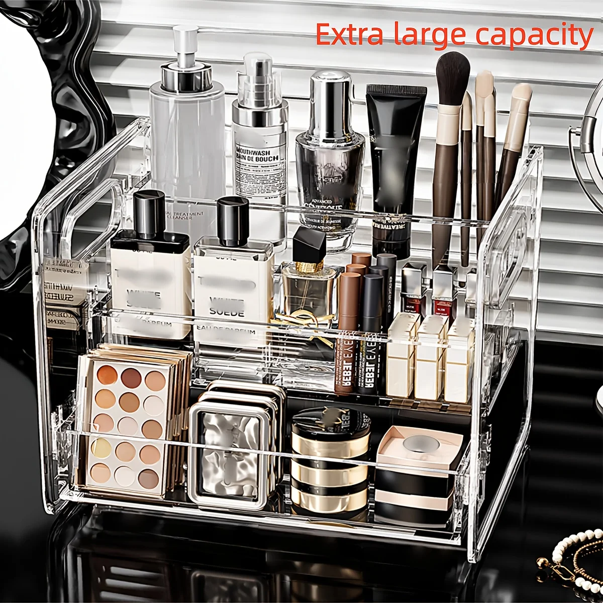 1 Stück Desktop-Kosmetik-Organizer aus Acryl, transparenter, schräger Aufbewahrungskorb für Make-up, Lippenstift, Parfüm, Gesichtsmaske und andere