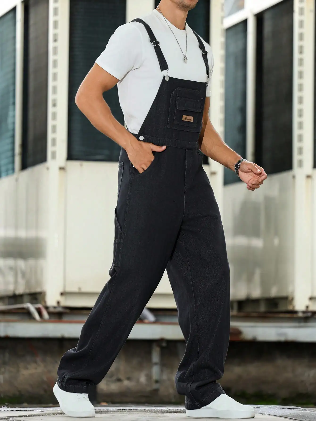 트렌디한 남성용 다크 그레이 데님 오버올, 심플한 작업복 디자인, 세련된 스트리트 스타일, 모든 계절에 적합한 점프수트