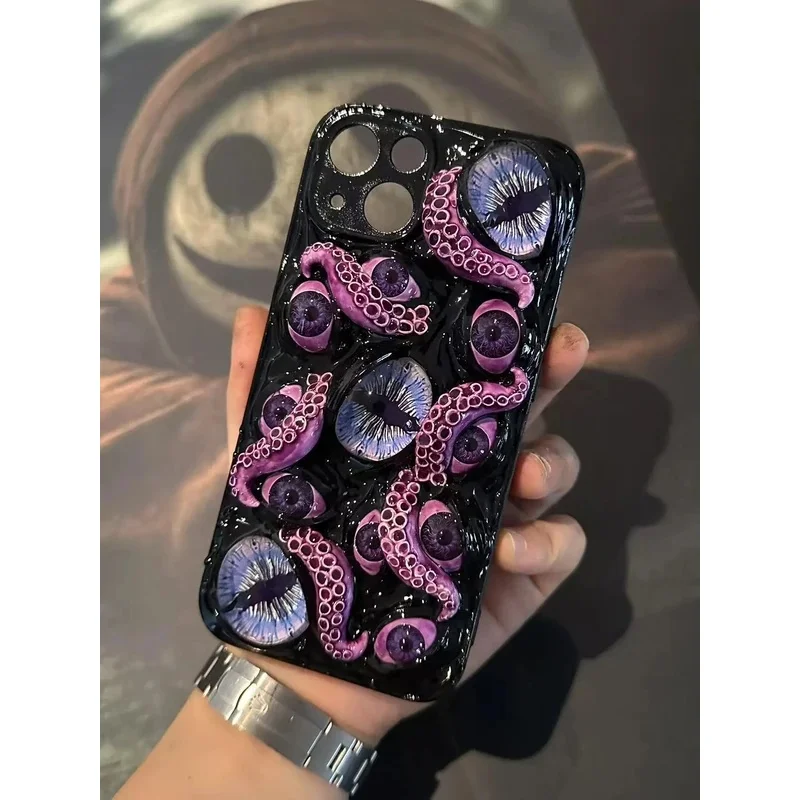 3D Horror Eye Tentacle Cthulhu Eye Phone Case, suitable for iPhone 17, 16, 15, 14, 12 Pro Max, made of soft silicone material
