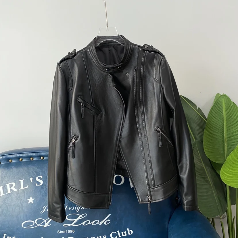   เสื้อแจ็คเก็ตหนังแท้ทรงสลิมฟิต คอตั้ง สไตล์ไบค์เกอร์ สำหรับผู้หญิง รุ่น Ning 2023 Autumn ort  ทำจากหนังวัวแท้