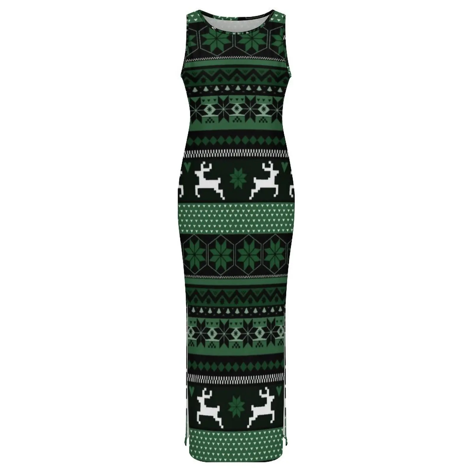 ผู้หญิงชุดเข้ารูปชุดลําลองนอร์ดิกคริสต์มาสพิมพ์ชุด Maxi วันหยุดสีเขียว Fair Isle แขนกุด Y2K แฟชั่นชุดขนาดใหญ่