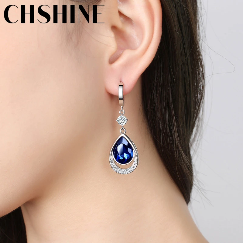 CHSHINE-925 Sterling Silver Water Drop Sapphire Brincos Para Mulheres, Jóias Da Moda, Banquete De Casamento, Presente De Festa