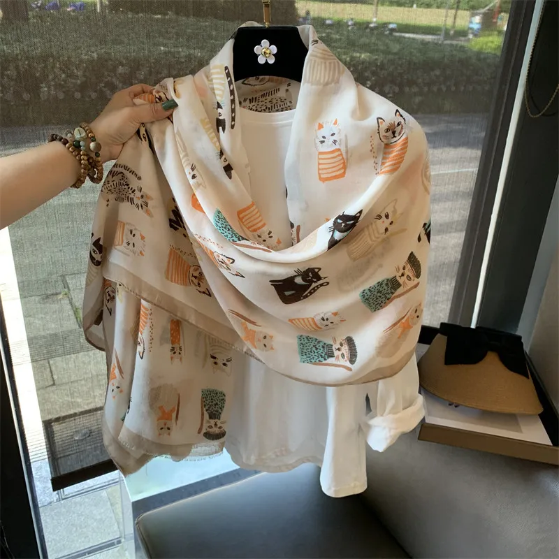 Scarf Cotton Linen Soft Breathable Kitten Pattern UV Block Beach Travel Wrap Shawl for Women Summer Vacation Resort
