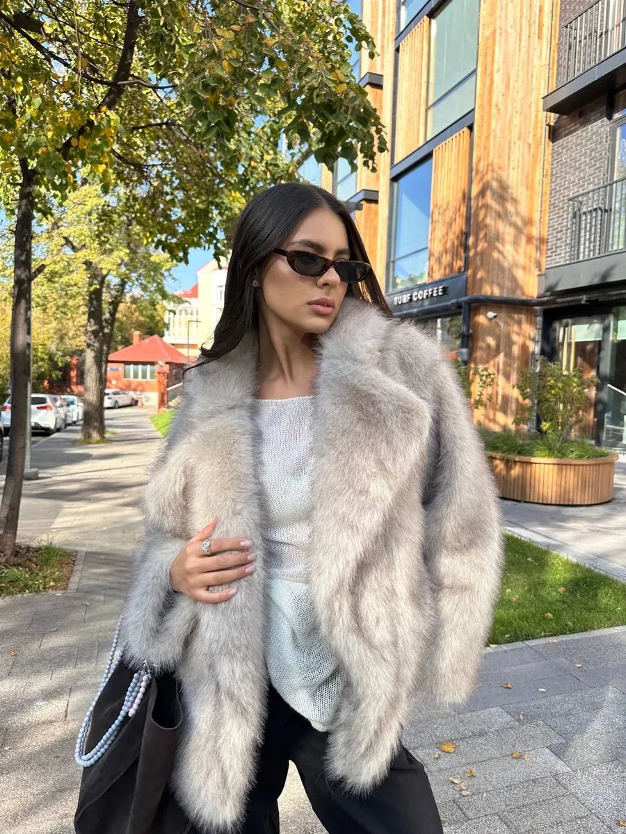 Women Winter Faux Fur Coat Light Grey Fluffy Warm Lapel Collar 2026 New Elegant Old Money Luxury Outerwear