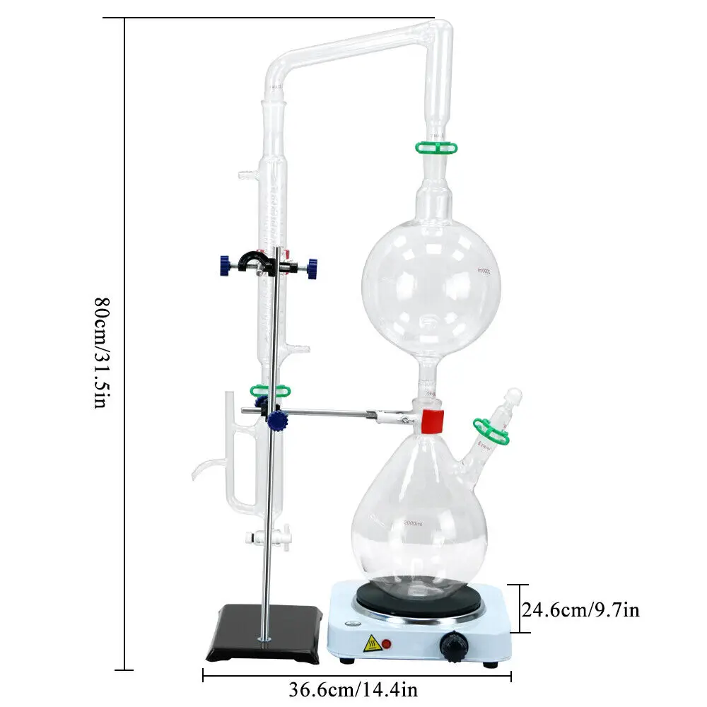 

2L Distillation Equipment Kit Essential Oil Purification Water Lab Glassware Set Borosilicate Glass for Chemical Experiment