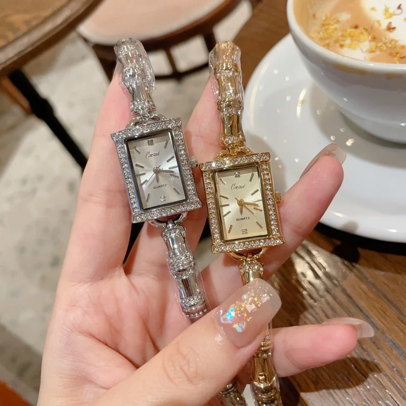 KAIRIS Women's Rectangle Quartz Watch Rhinestone Bezel Elegant Bamboo Bracelet Luxury Fashion Wristwatch for Ladies