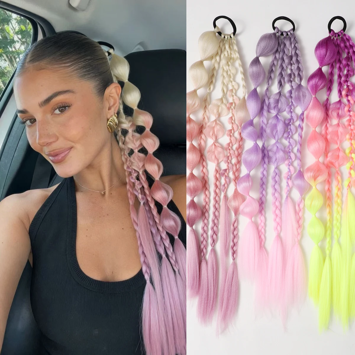 1pc synthetic Lantern Bubble Ponytail Extension 24 Inches Ombre Bubble Ponytail Twisted Braid With Elastic Band For Women