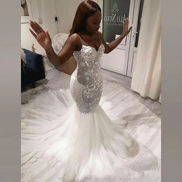 Personalizar sul africano sereia vestido de casamento vestido de noiva sexy decote em v cintas de espaguete padrão de renda tule longo vestido de noiva