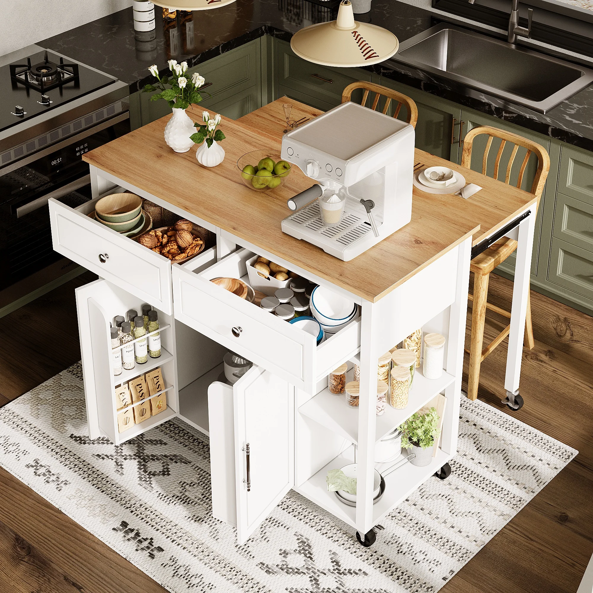 Îlot de cuisine mobile professionnel avec finition imitation bois, 2 tiroirs et roulettes verrouillables, chariot de service multifonctionnel avec étagères réglables, table escamotable, grand buffet de rangement pour salle à manger, salon, cuisine, 120x50x92cm