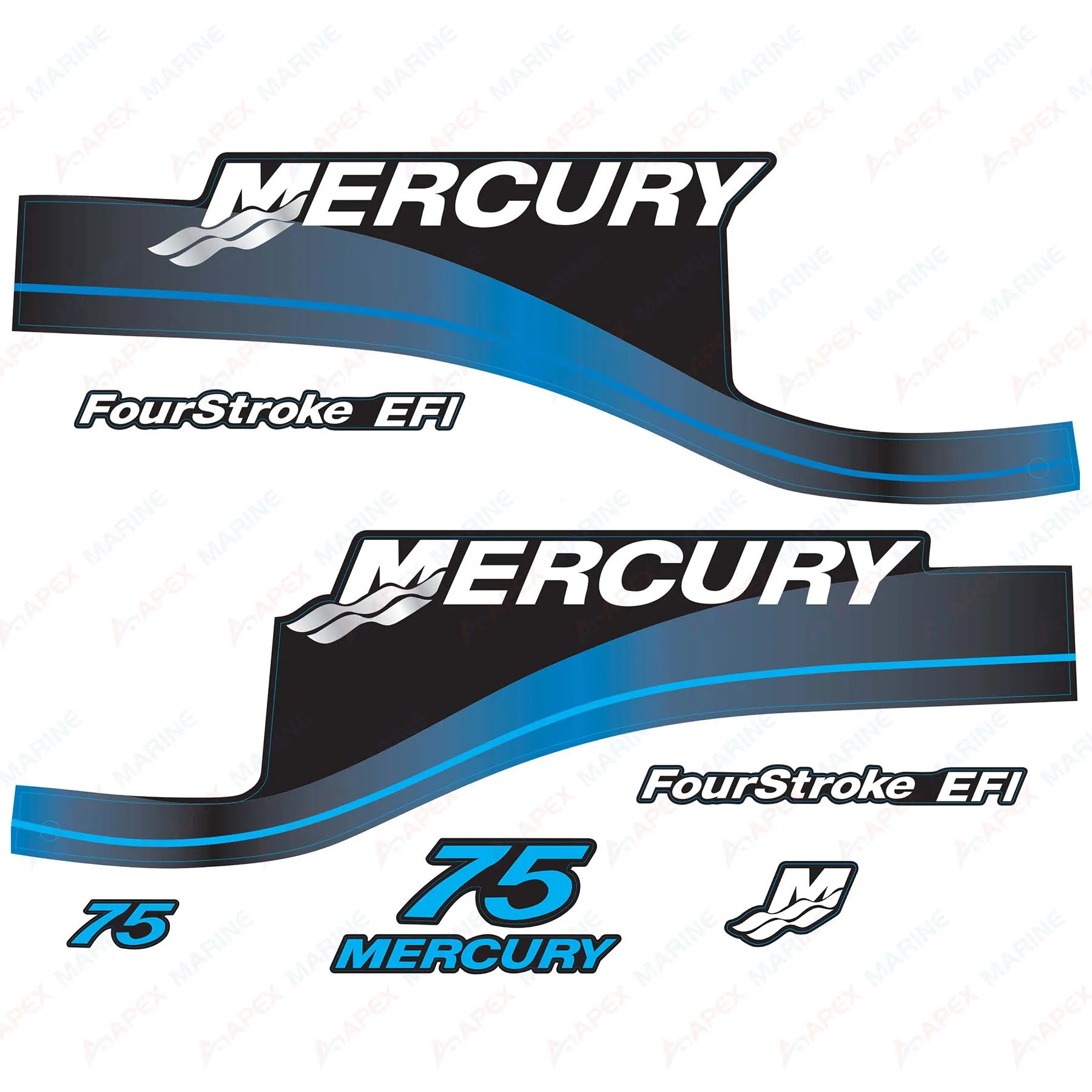 Decals for Mercury 75 HP Four Stroke EFI Outboard Engine Blue Decal Kit Sticker Set Reproduction 75hp 4-Stroke EFI