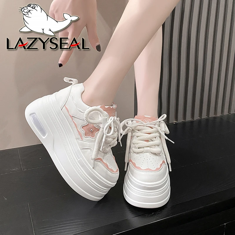 LazySeal 8cm High Boots Women Platform Shoes Cross Tied Lace Up Spring Autumn Sneakers Chunky Sneaker Wedge White Casual Shoe