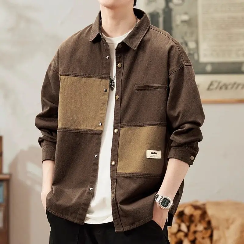 

Американская рабочая одежда в стиле ретро, весенняя мужская модная повседневная свободная лоскутная рубашка с длинным рукавом, пальто