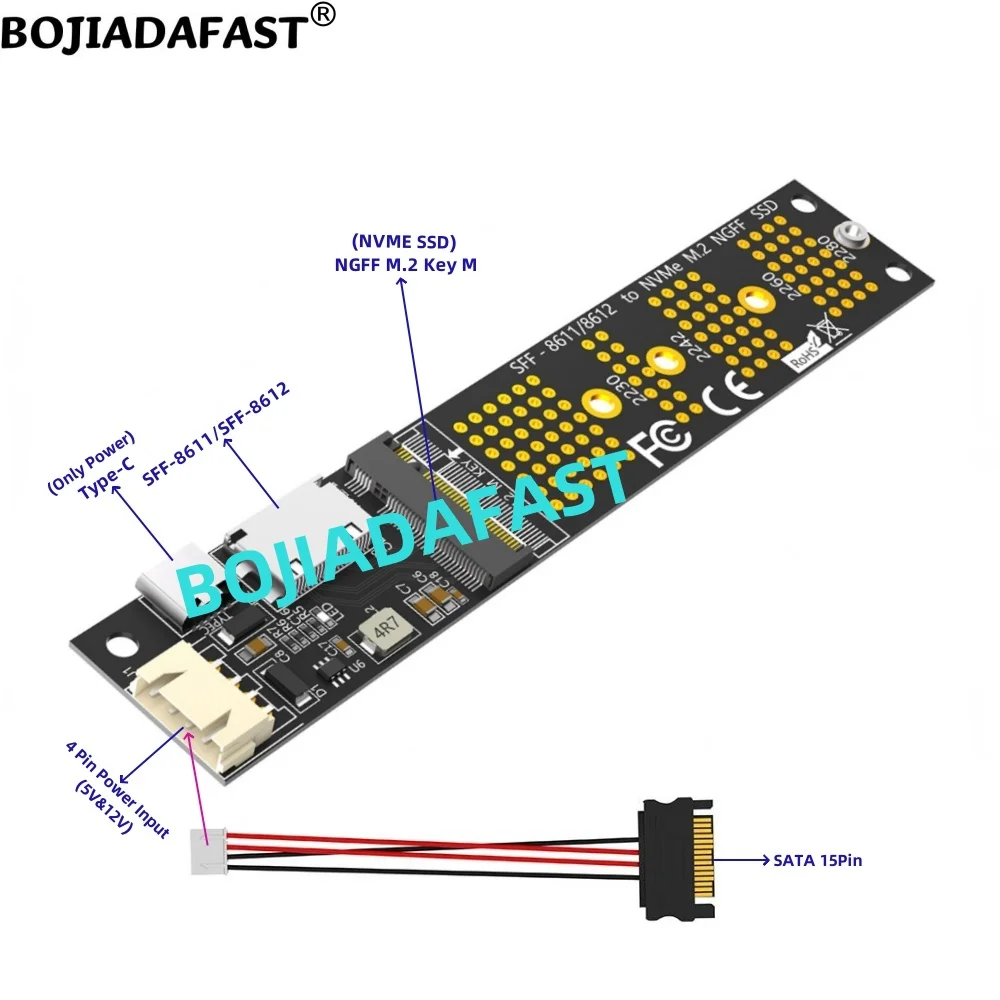 Oculink SFF-8611 SFF-8612 y conector SATA de 15 pines a NGFF M.2 Key-M 2230 2242 2260 2280 M2 NVME SSD adaptador tarjeta convertidora