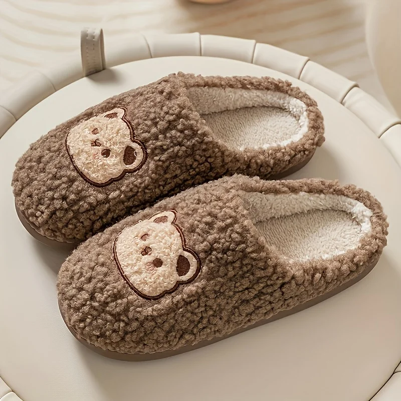 Cute Bear Winter Plush Slippers, Closed Toe Slip On Flat House Shoes, Cozy & Warm Home Floor Slippers