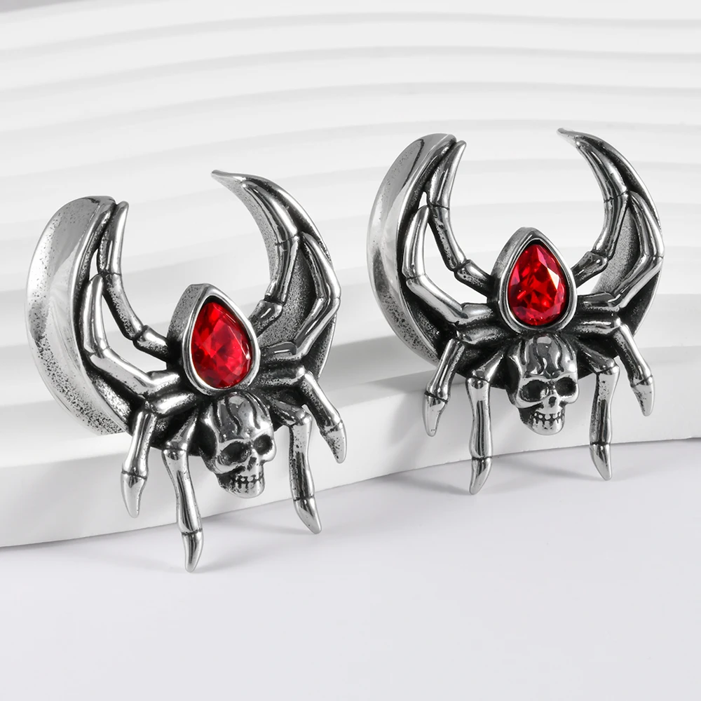 1PC Stainless Steel Spider Ear Plugs Expanders Red Zircon Ear Gauge Tunnles Earring Gauges Stretchers Piercing Jewelry 8mm-25mm