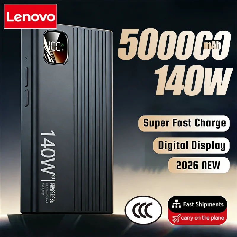 Lenovo 500000mAh 140W PowerBank Super Fast Charge Chargeur de batterie externe portable avec affichage LED pour iPhone