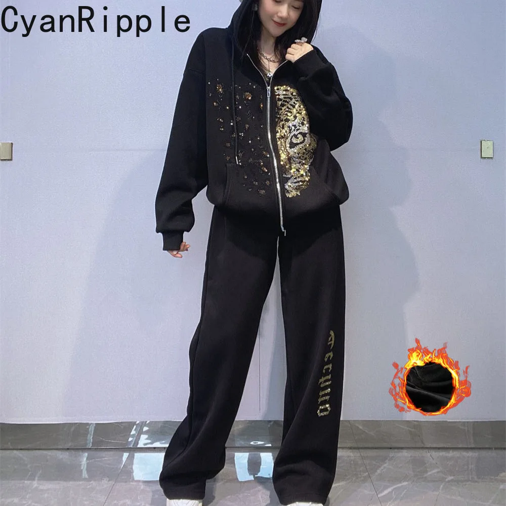 Fashion Winter Women Hoodie Set Leopard Hot Diamonds Thicken Fleece Hooded Jacket Coat + Elastic Waist Wide Leg Casual Pants
