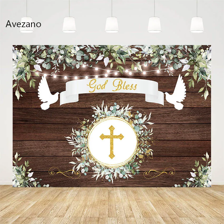 

Avezano Photography Backdrop Mi Bautizo Wood Board Gold Cross God Bless Girl Boy Communion Party Decor Background Photo Studio