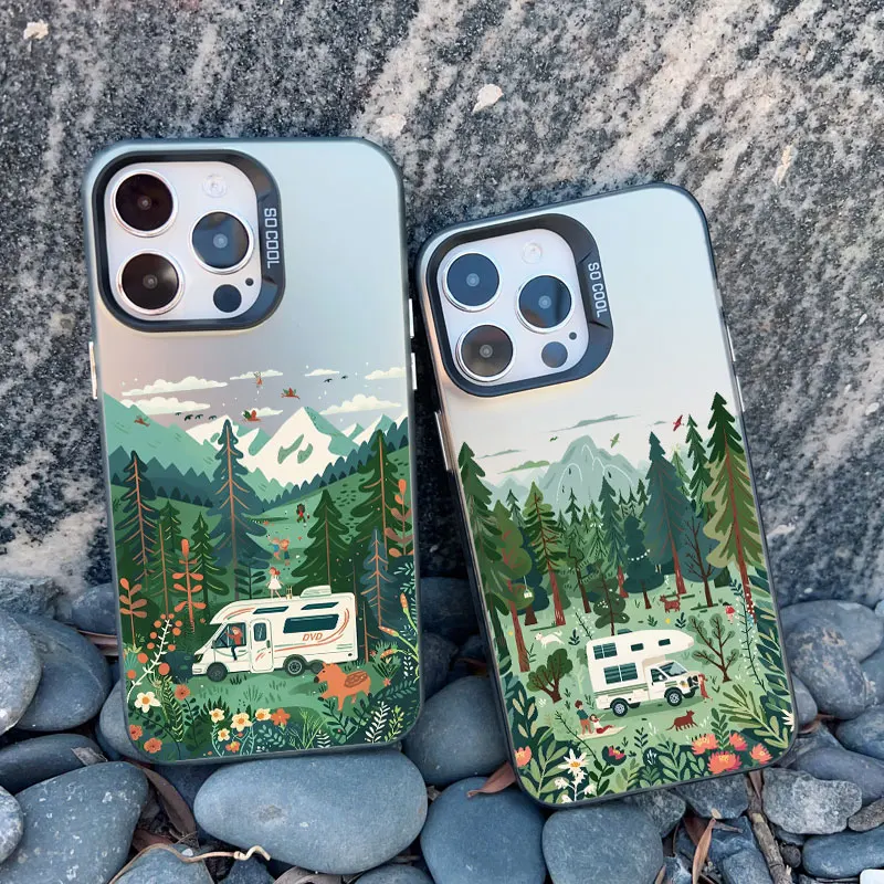 Summer Tourist Scenery Recreational Vehicle Phone Case For iPhone 12 11 14 Pro Max 15 13 Mini Pro Max 15 14 Plus Laser Covers