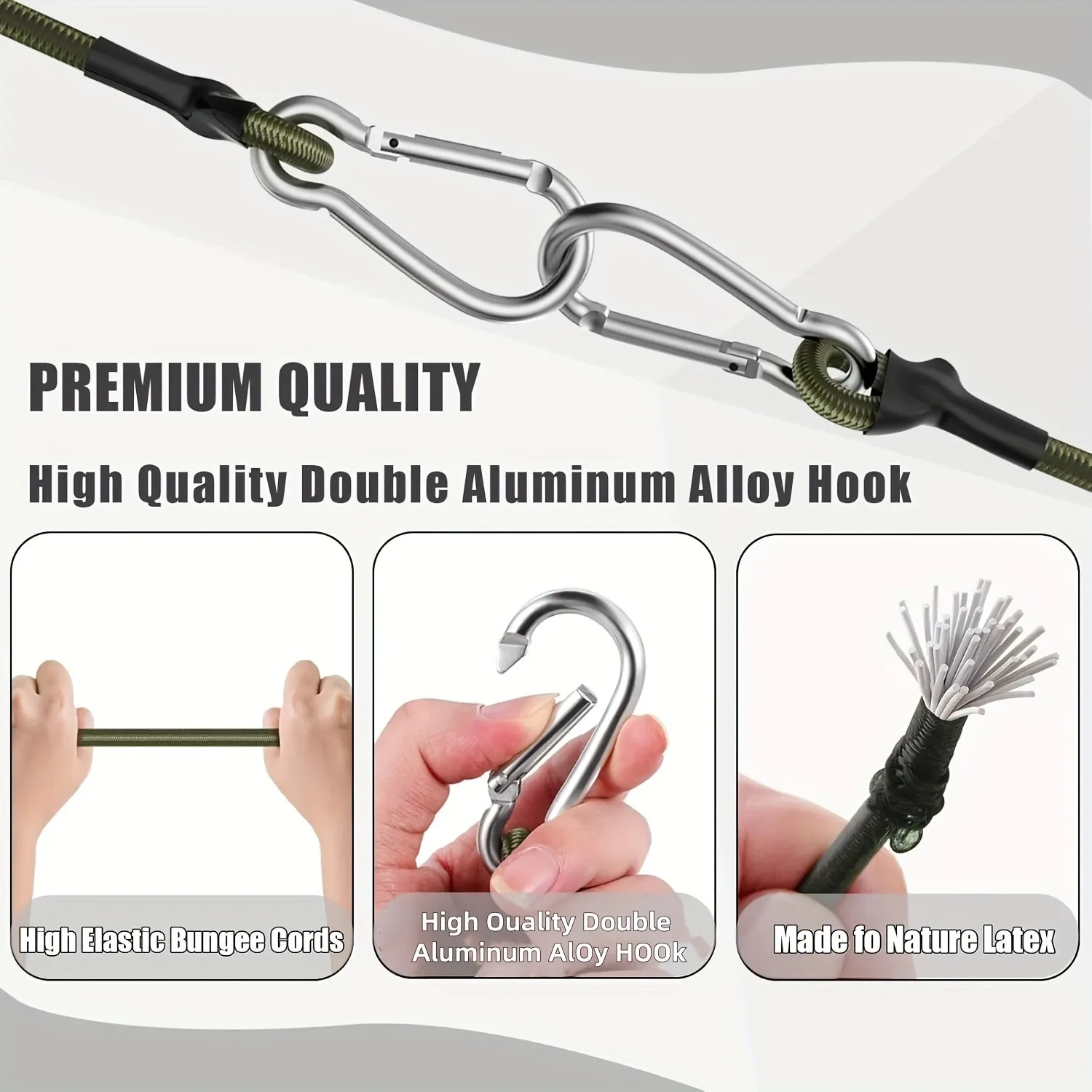 4 cintos de borracha resistentes com ganchos de metal, 13,78 polegadas - preto e verde durável, perfeito para camping, mercadorias, bicicletas, barracas ao ar livre, porta-bagagens, equipamentos de estilo de acampamento |     Pulseira de borracha durável |     Correia de gancho de metal