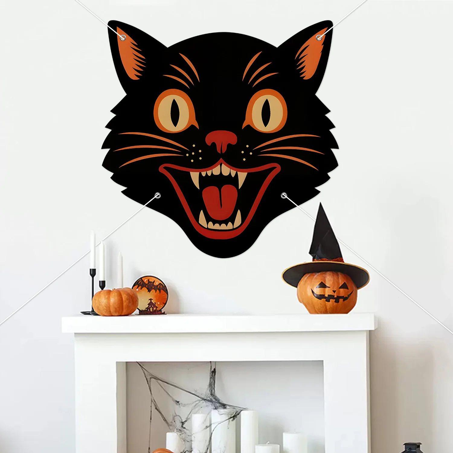 Vintage Halloween Schwarze Katze Türbanner Horror Hängendes Veranda-Schild Hintergrund für Spukhaus-Party Fotokulisse Dekoration – Detail 4