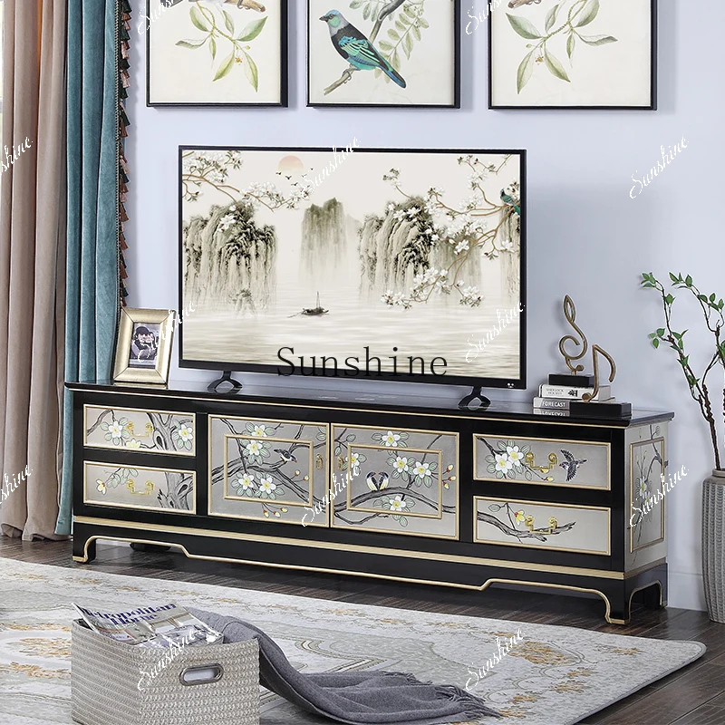 Small apartment living room solid wood paint furniture painted begonia flower and bird coffee table TV cabinet combination  FT