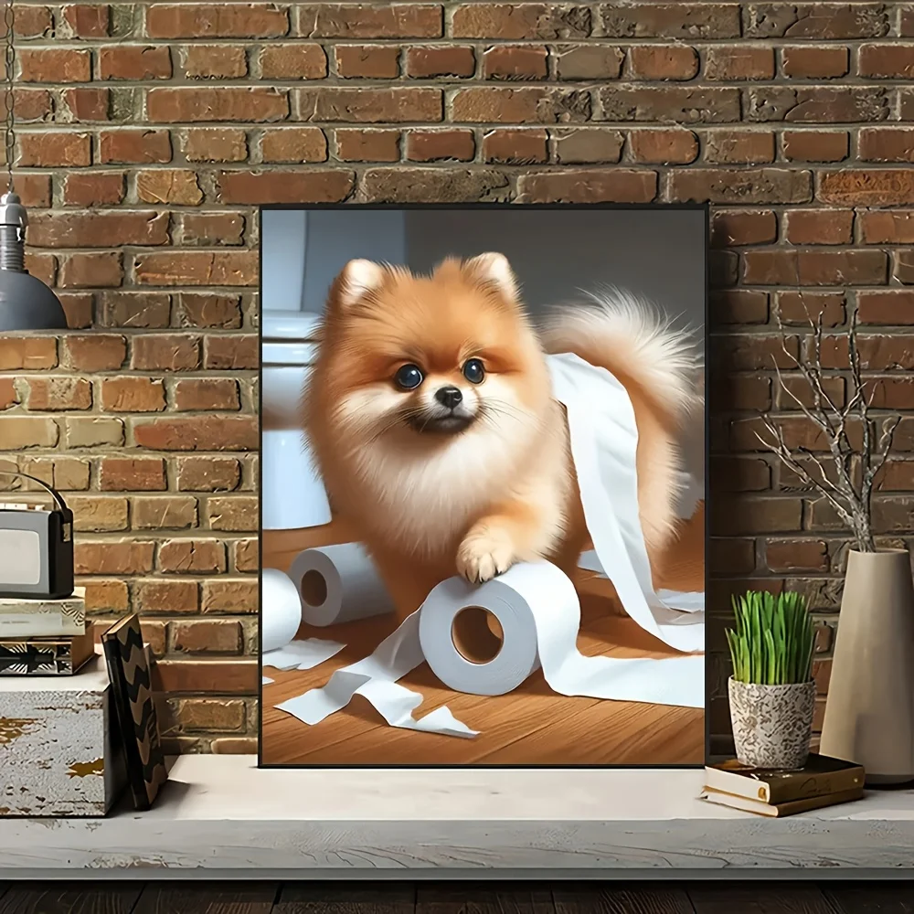 مجموعة فنية جدارية مضحكة للحمام من كلب صغير طويل الشعر - بدون طباعة قماشية مؤطرة، فن مرحاض كلب بوم المرحاض، هدية لمحبي كلب صغير طويل الشعر، Whim