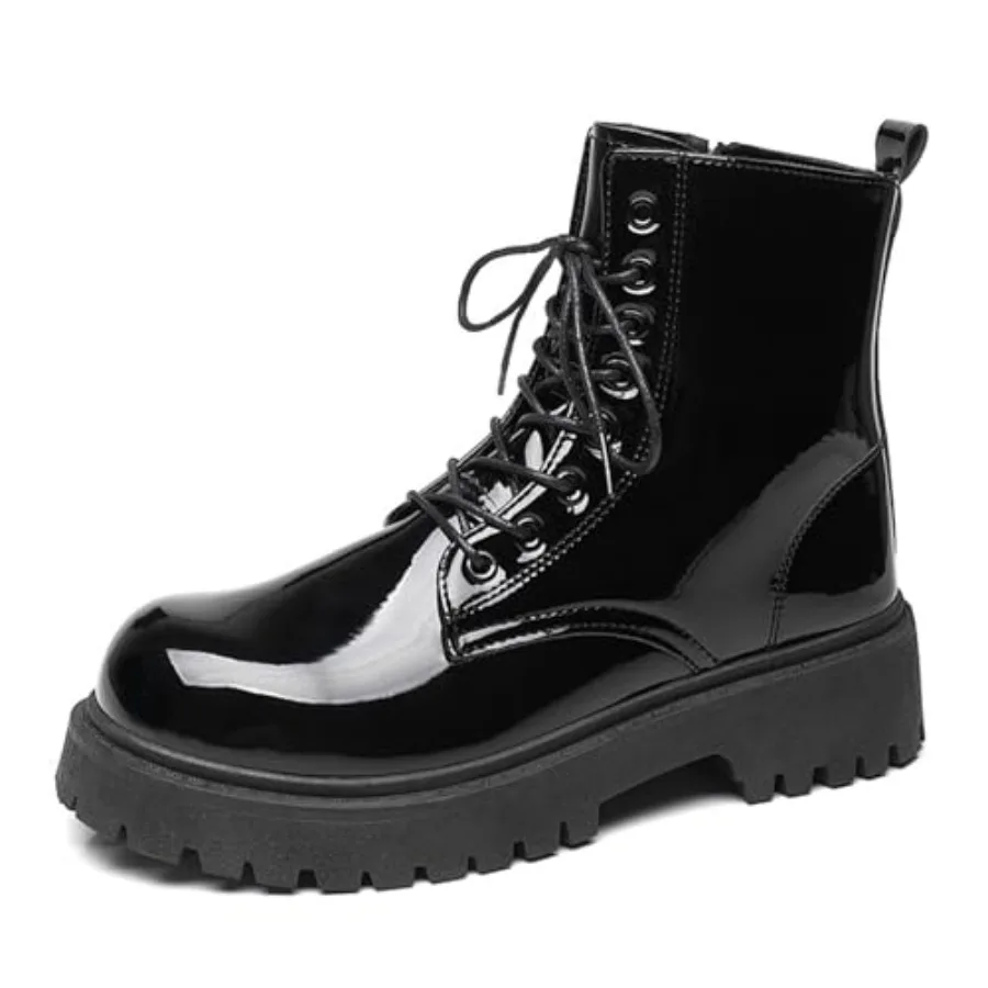 

Men's Patent Leather Round Toe Platform Ankle Boots Lace Up Fashion Comfortable Non-Slip Lug Sole Combat Booties For Wedding Fo