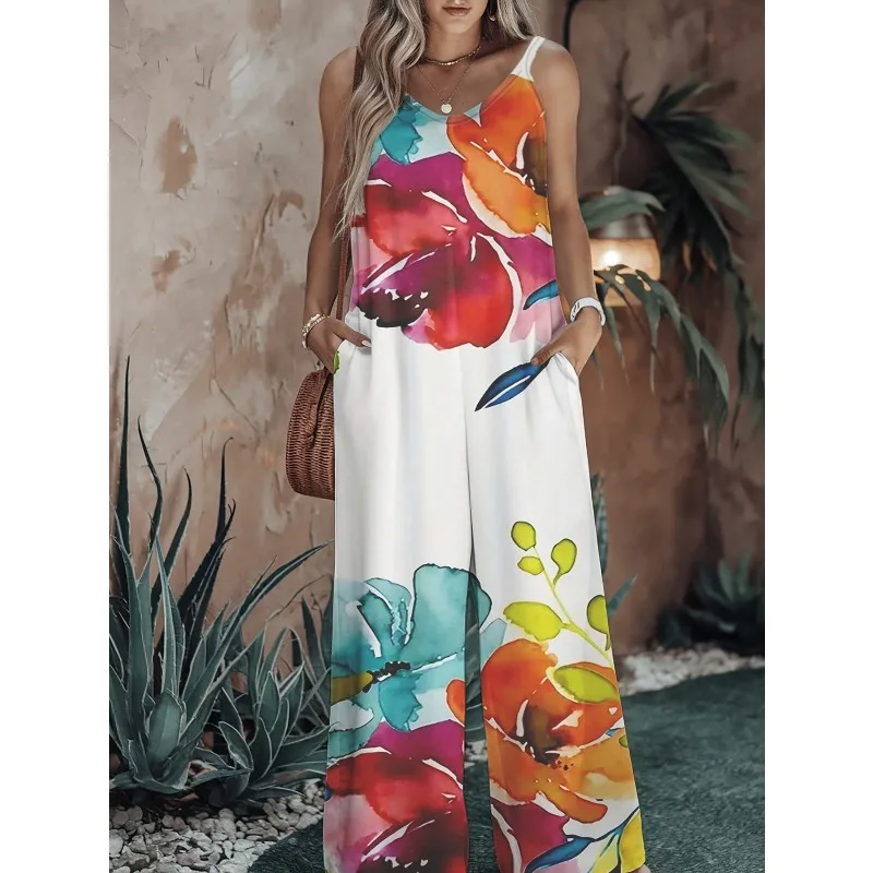 ​ ​   Plus Größe 1XL-5XL Sommer Neue Elegante Vintage Retro Floral Print Frauen Overalls