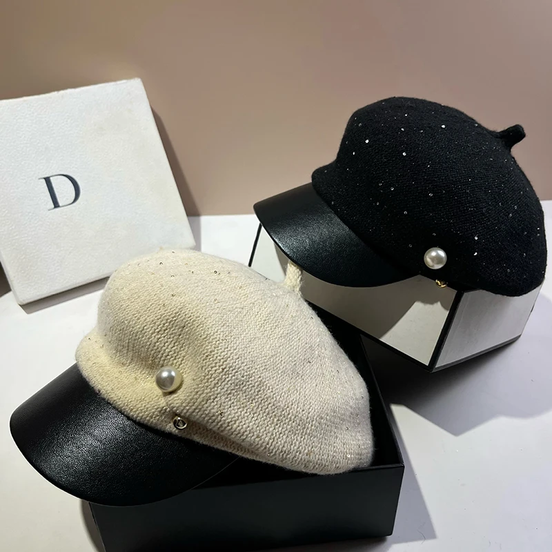 

New Luxury Pearls Women's Beret Winter Warm Beanies Berets Caps Versatile Girl's French Painter Hat Lady Outdoor Warm Beret Hat