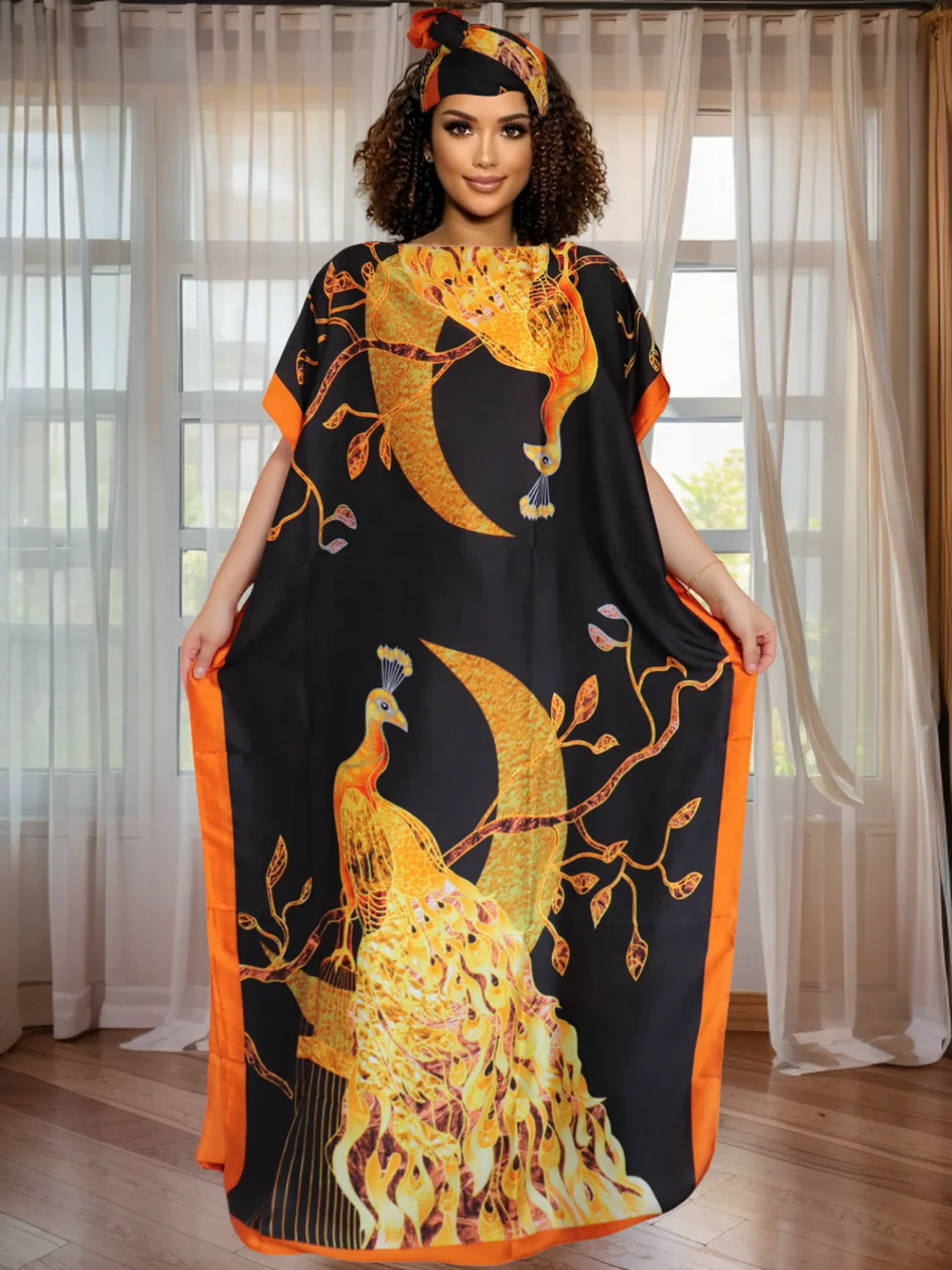 マキシ丈カラーブロック花柄ダシキドレス - アフリカンプリントフロアレングスガウン