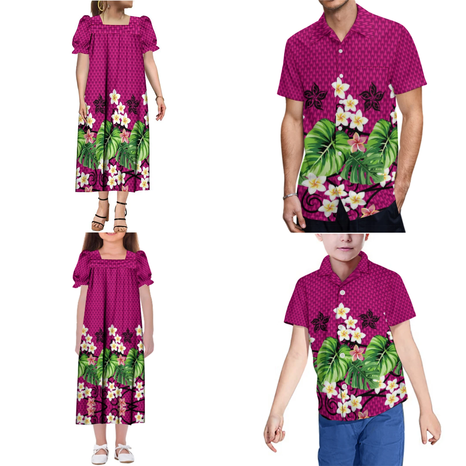 Polynesische stam bloemen aangepaste Fiji Micronesische Samoaanse familiefeest set moeder dochter Mumu jurk vader zoon casual shirt