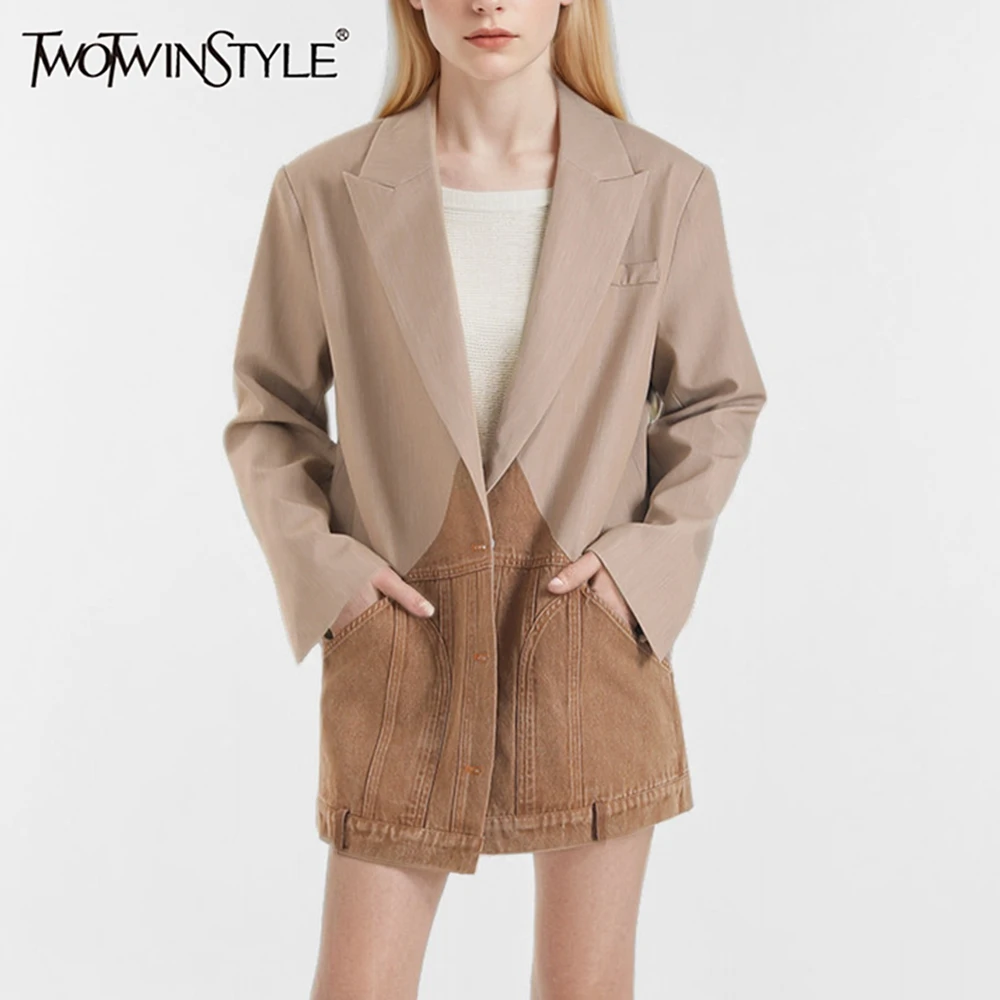 

TWOTWINSTYLE Splice Button Blazer For Women Notched Collar Long Sleeve Colorblock Streetwear Loose Coat Female Fashion New Style