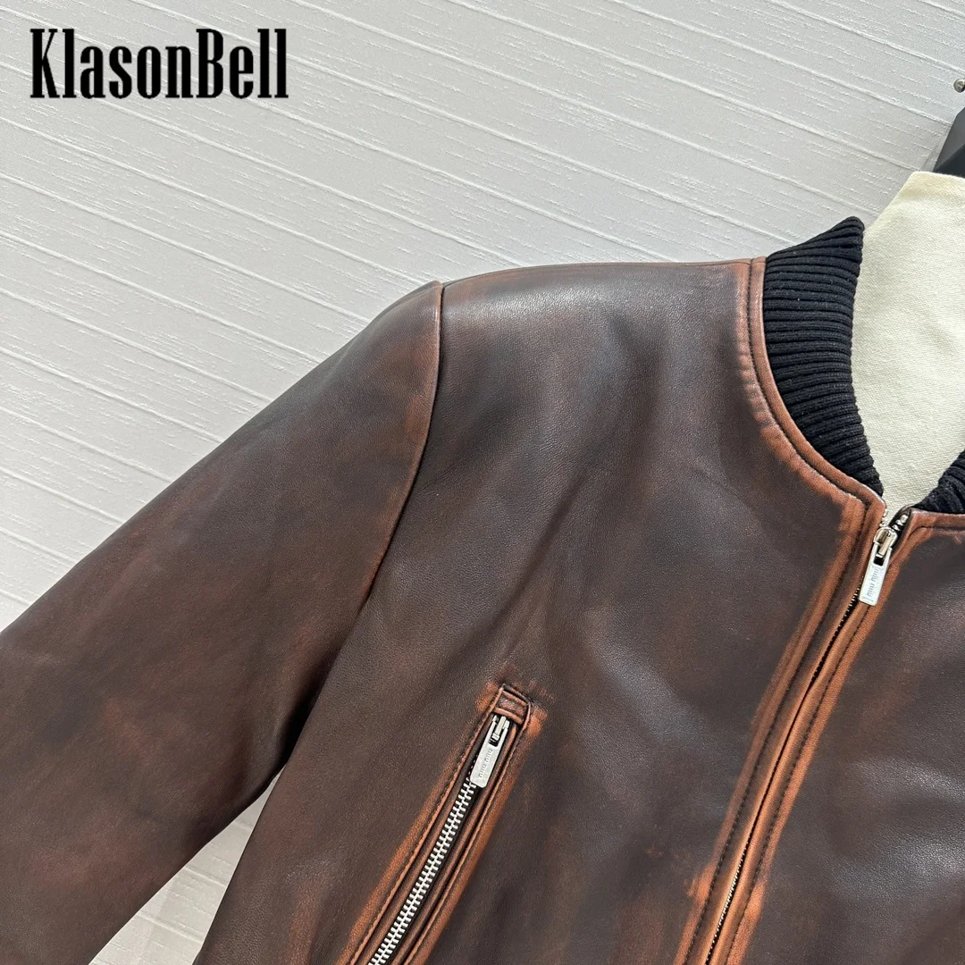 7.21 KlasonBell Women Ribbed Stand Collar Spliced Sheepskin Baseball Jacket Vintage Distressed Zipper Short Outerwear