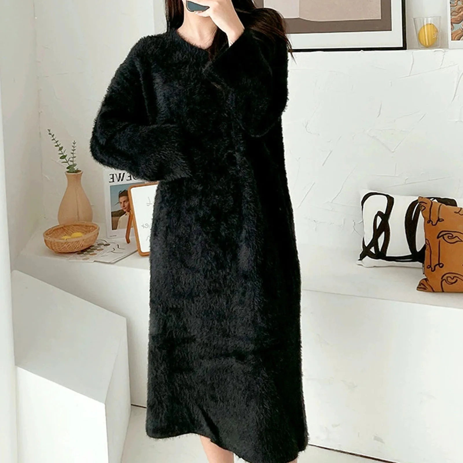 

Плюс размер 5XL 150 кг женское зимнее флисовое платье с круглым вырезом однотонные теплые платья женское платье с длинным рукавом большого размера